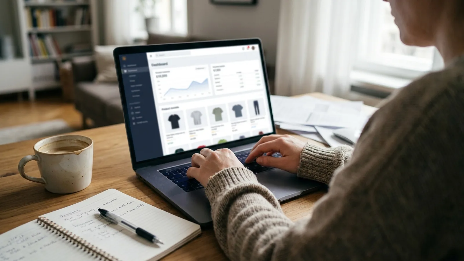 Dizüstü bilgisayar ekranında açık bir e-ticaret mağazası yönetim panelinde çalışan kişinin masası, kahve fincanı ve not defteri