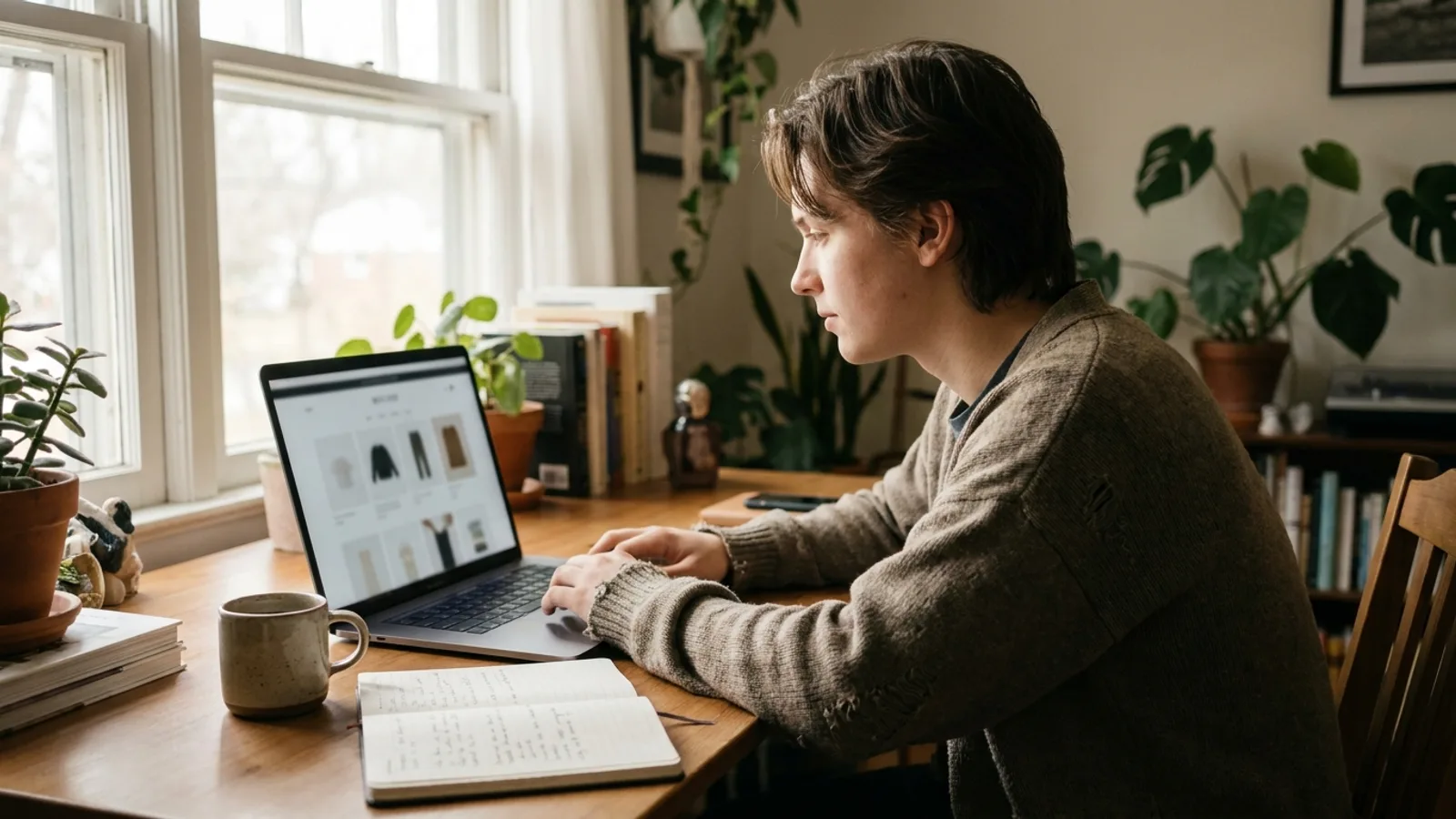 Bir dizüstü bilgisayar ekranında yeni kurulmuş bir online mağazanın ana sayfasını inceleyen genç bir Türk girişimci, aydınlık ev ofisi ortamında